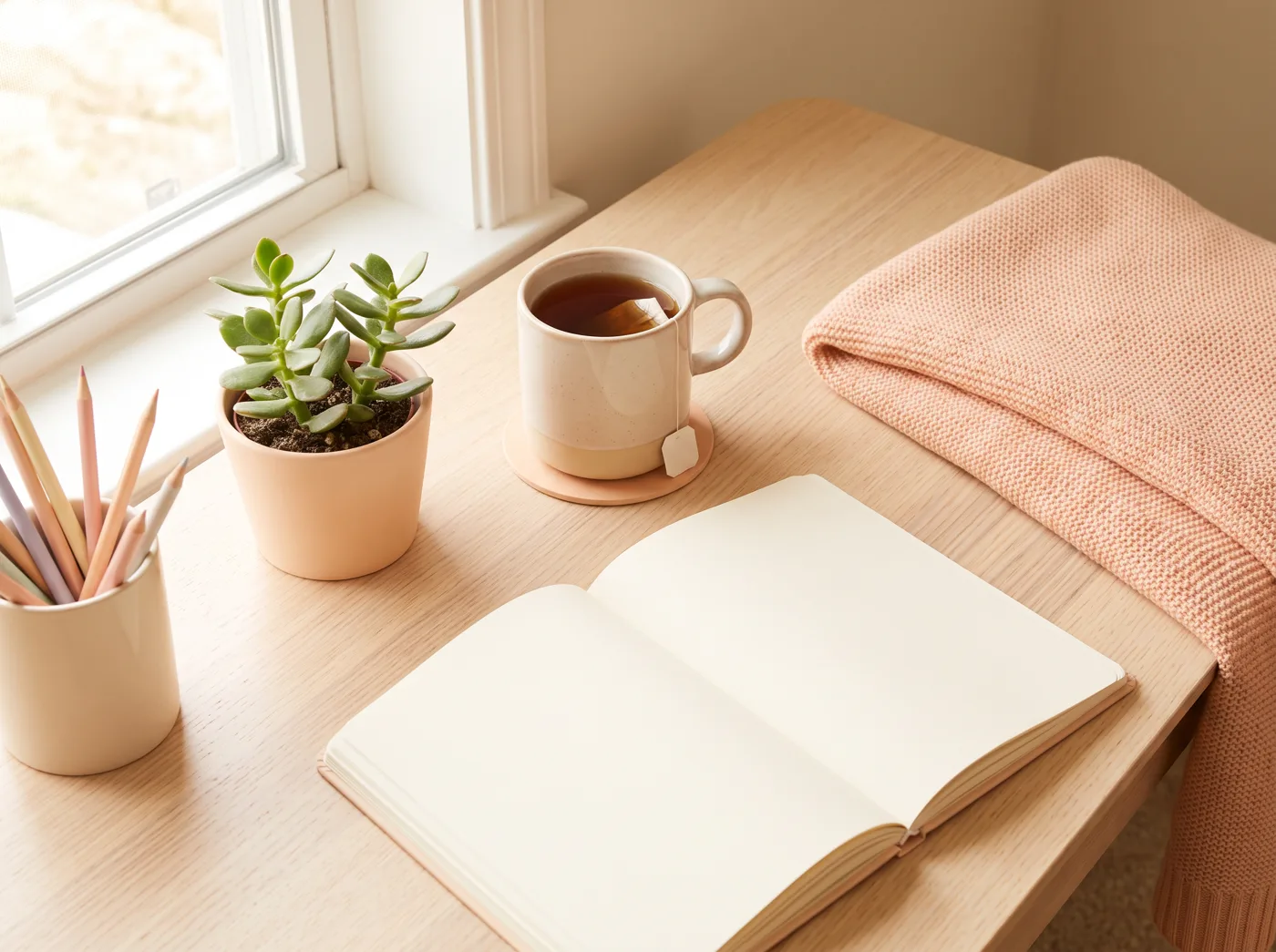 A tidy desk with a plant and a cup of tea